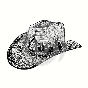 Hand drawn vintage cowboy hat with bull skull. Ink black and white drawing